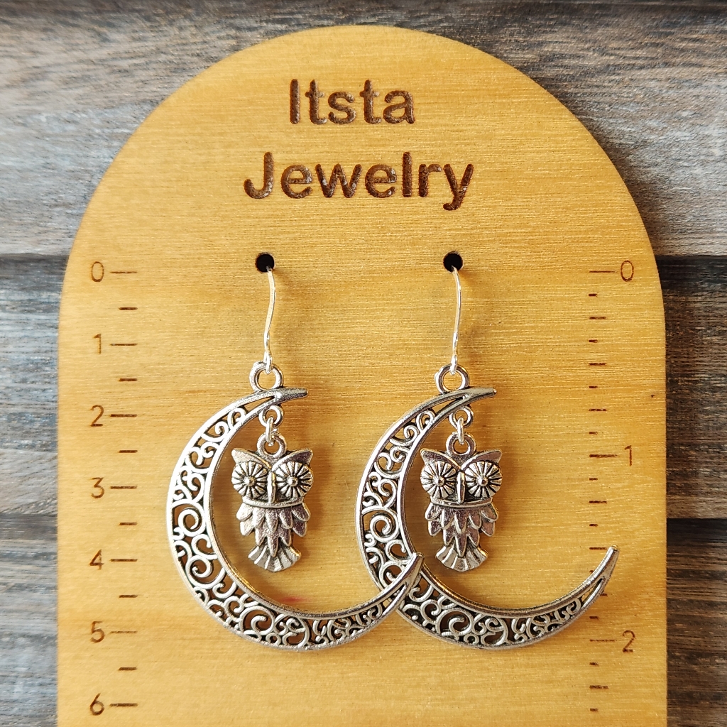 Owl And Moon Charm Drop Earrings Sterling Silver Earwire E174